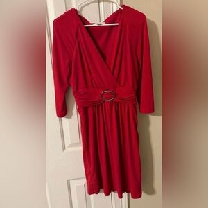 Coldwater Creek Red Long-Sleeve Wrap Dress with Oval Buckle